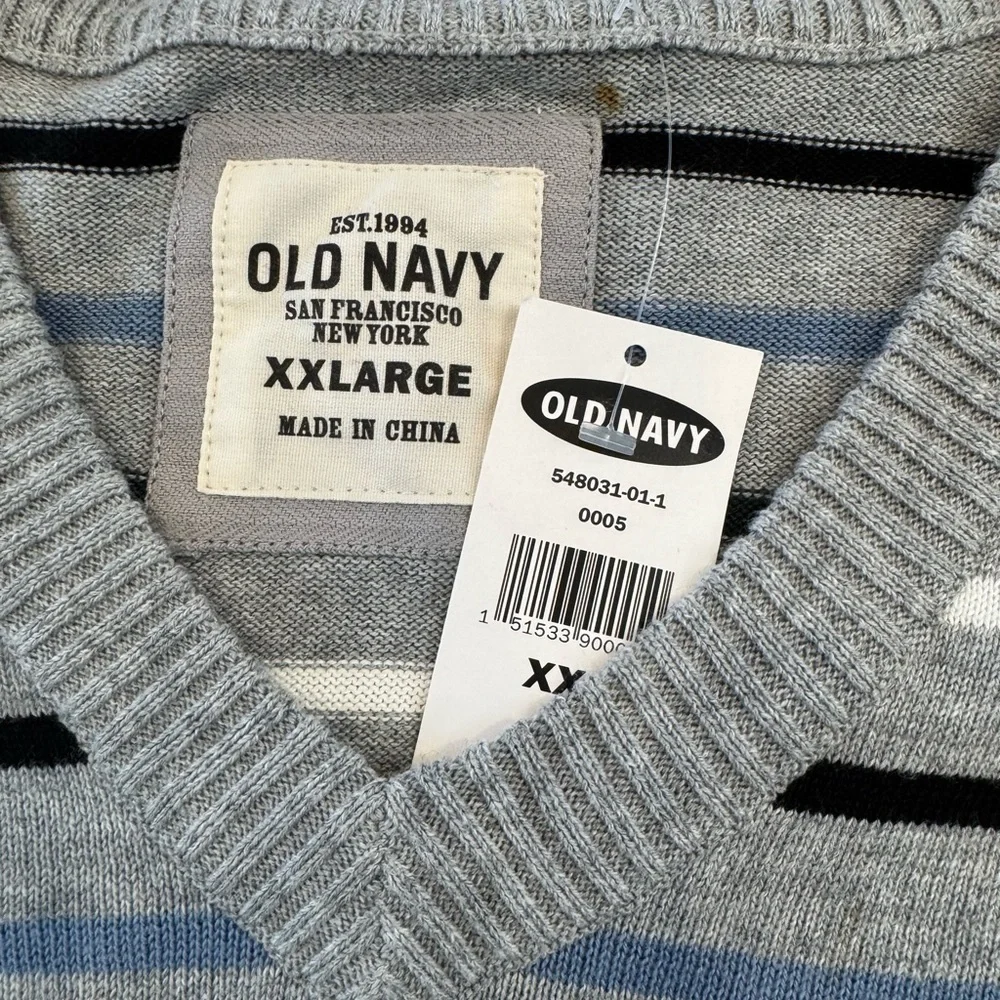 NWT Striped V-Neck Sweater XXL Gray Blue Black Lightweight Pullover
